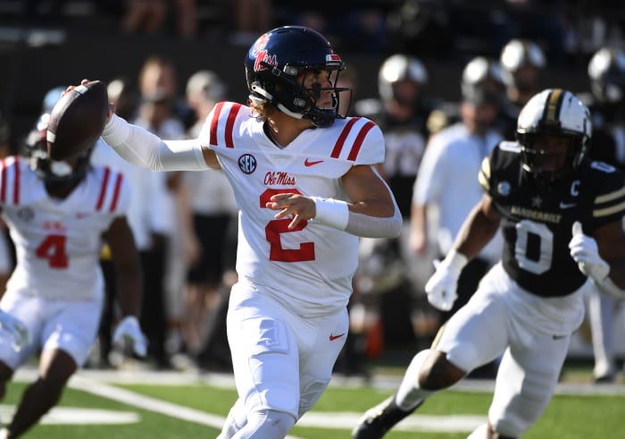 Oct 8, 2022; Nashville, Tennessee, USA; Mississippi Rebels quarterback Jaxson Dart (2) attempts a pass during the first half against the Vanderbilt Commodores at FirstBank Stadium. Mandatory Credit: Christopher Hanewinckel-USA TODAY